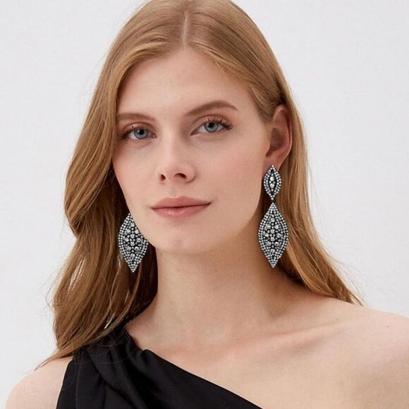 Carbon Black with White Diamond Crystal Double Leaf Chandelier Post Earrings - Picture 4 of 5